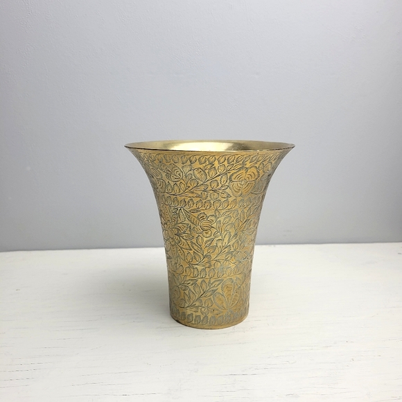 Etched Solid Brass Vintage Vase with Engraved Floral Designs 5.25" - Picture 2 of 15
